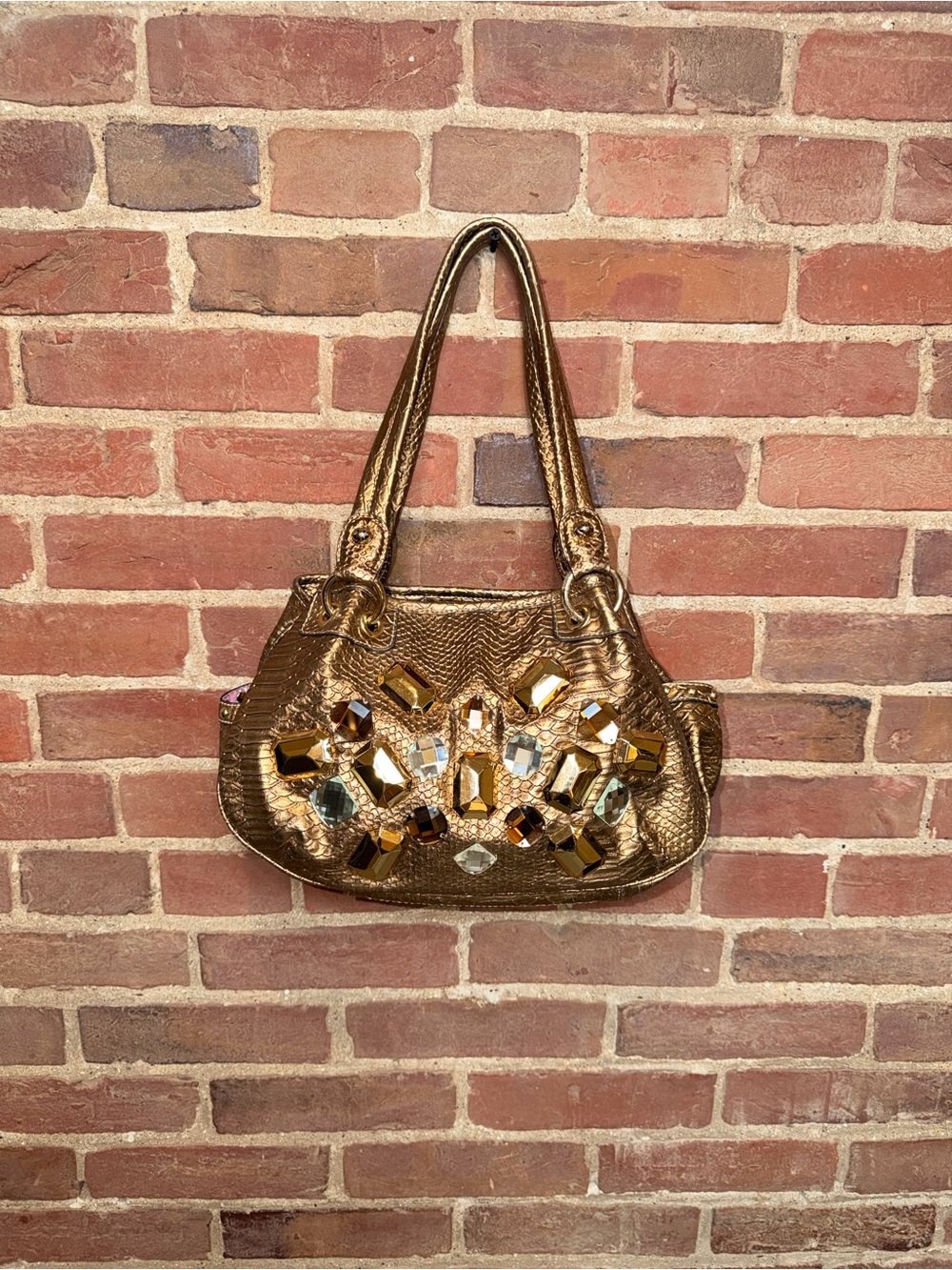 Kathy Van Zeeland Brown Gold Shoulder Shoulder Bag Purse Gem Embroidered